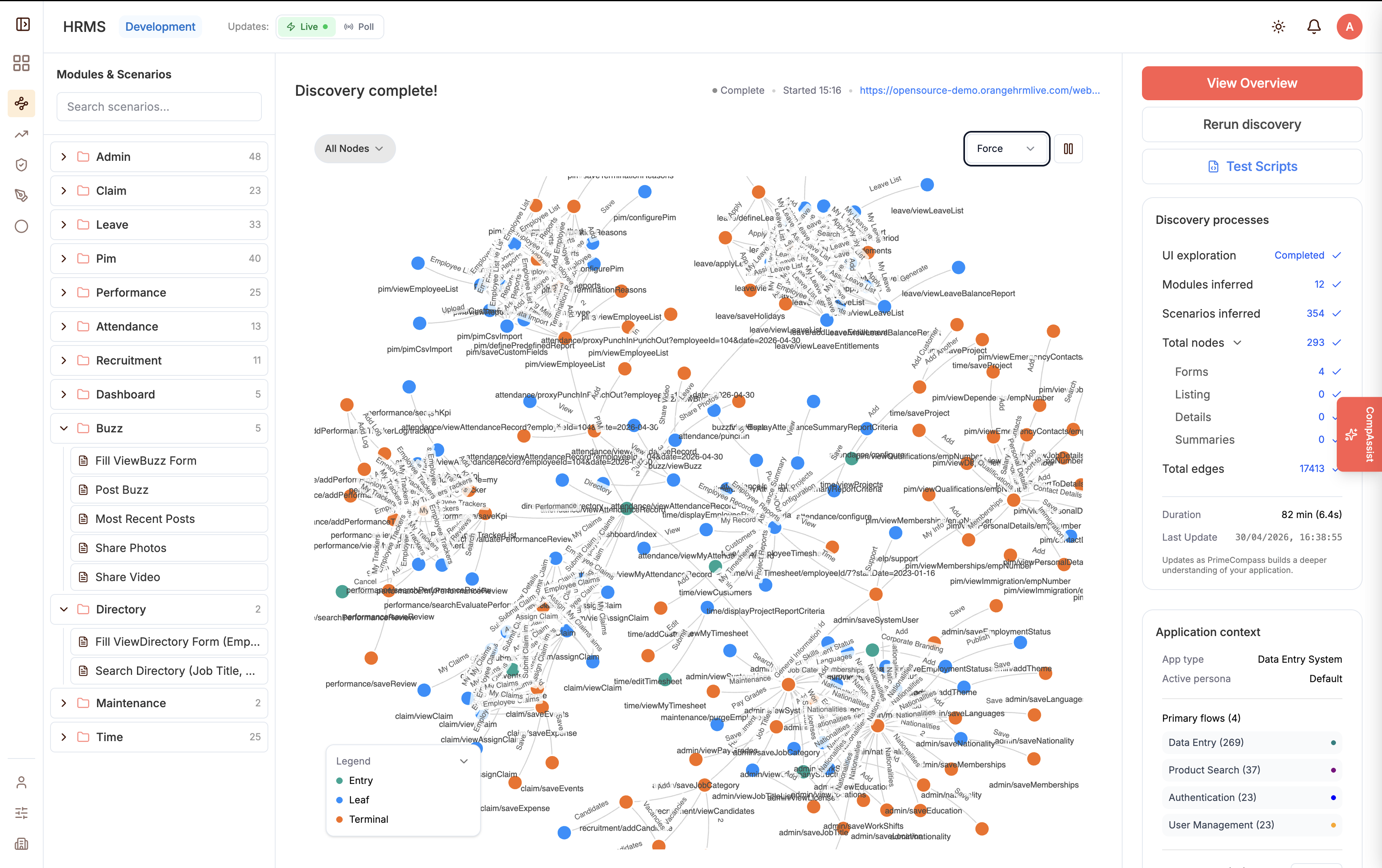 PrimeCompass discovery complete — full knowledge graph of an HRMS application with 293 nodes, 354 inferred scenarios, and 17,413 edges