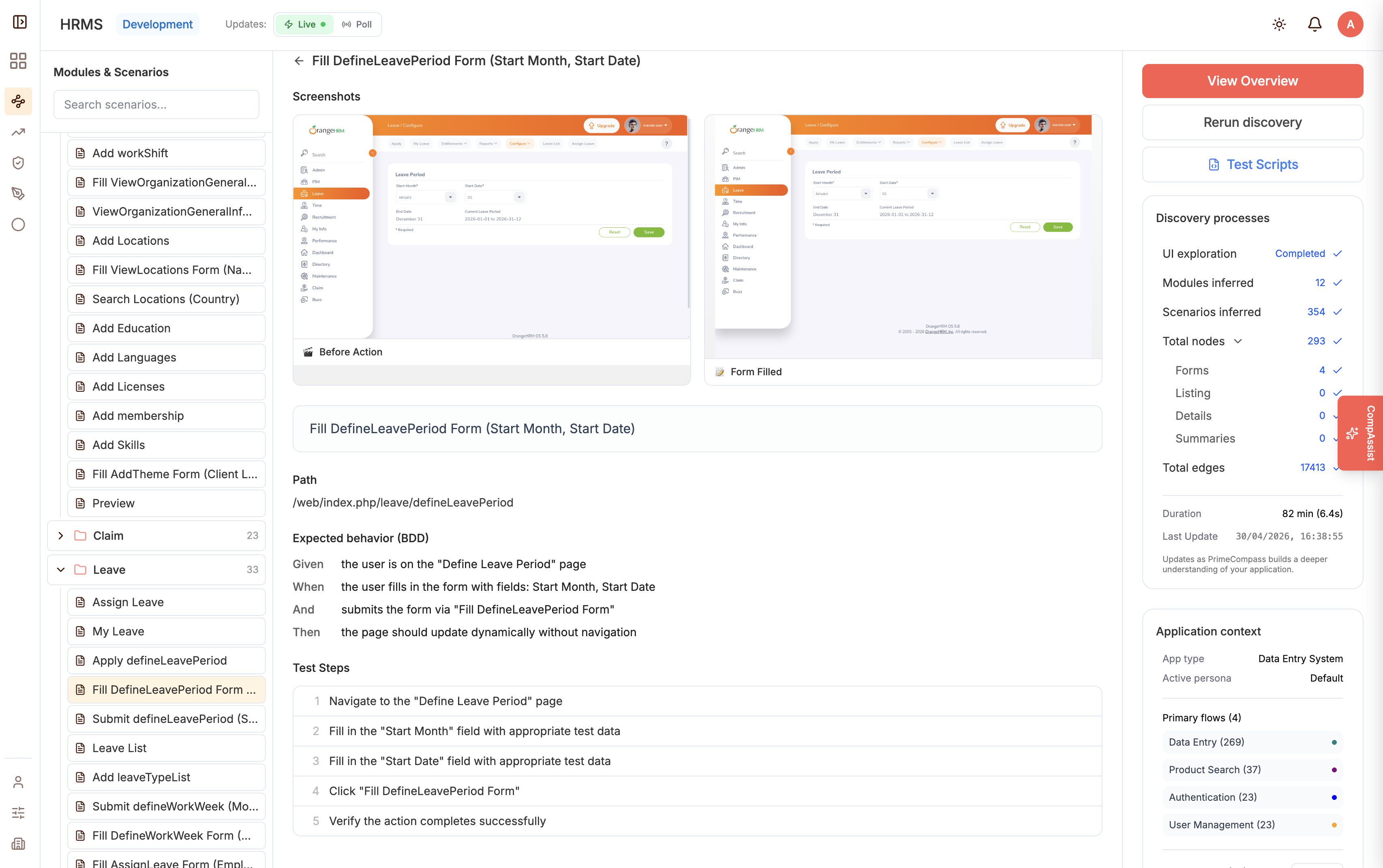 PrimeCompass-generated BDD scenario for 'Fill DefineLeavePeriod Form' with before/after screenshots, Given-When-Then steps, and ordered test steps