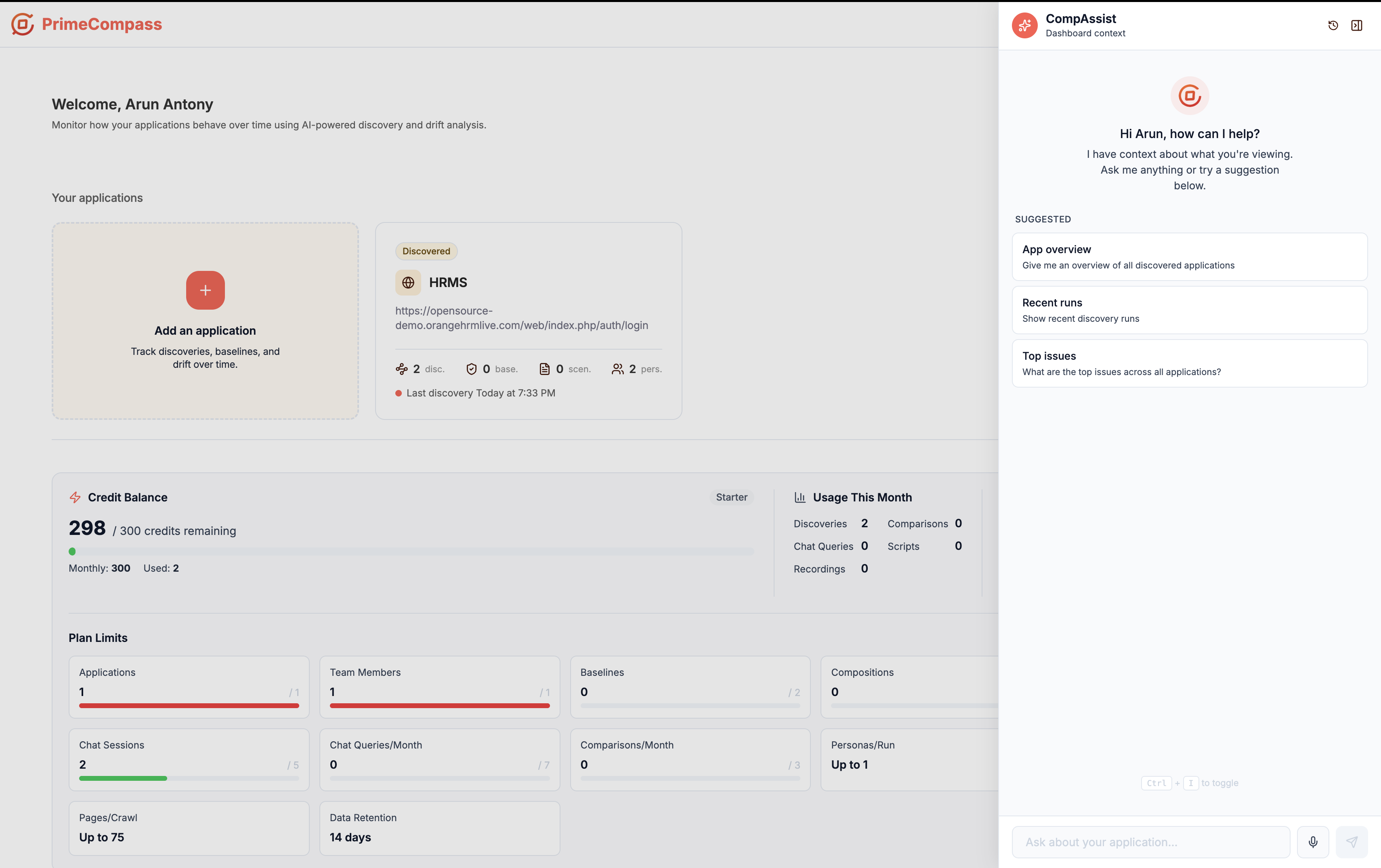 CompAssist chat panel docked beside the PrimeCompass dashboard, offering app overview, recent runs, and top issues as suggested queries