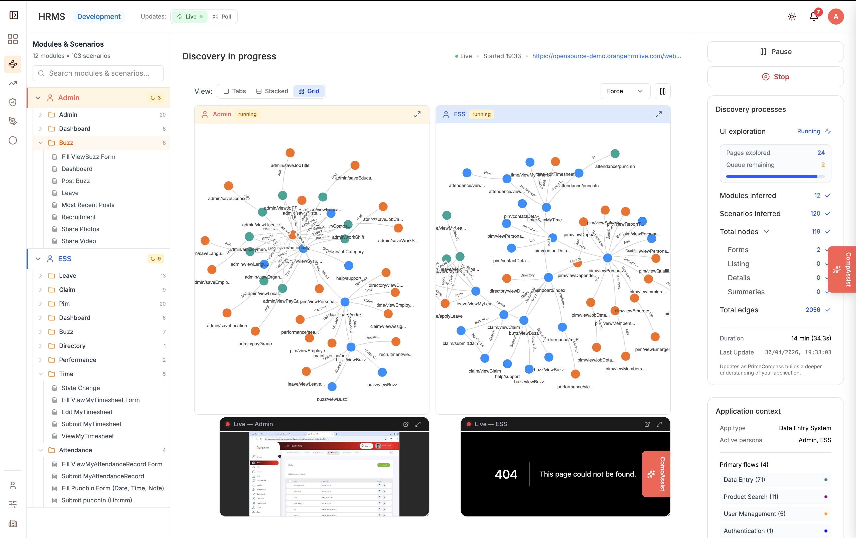PrimeCompass running parallel discovery as Admin and ESS personas, with live browser previews of each session